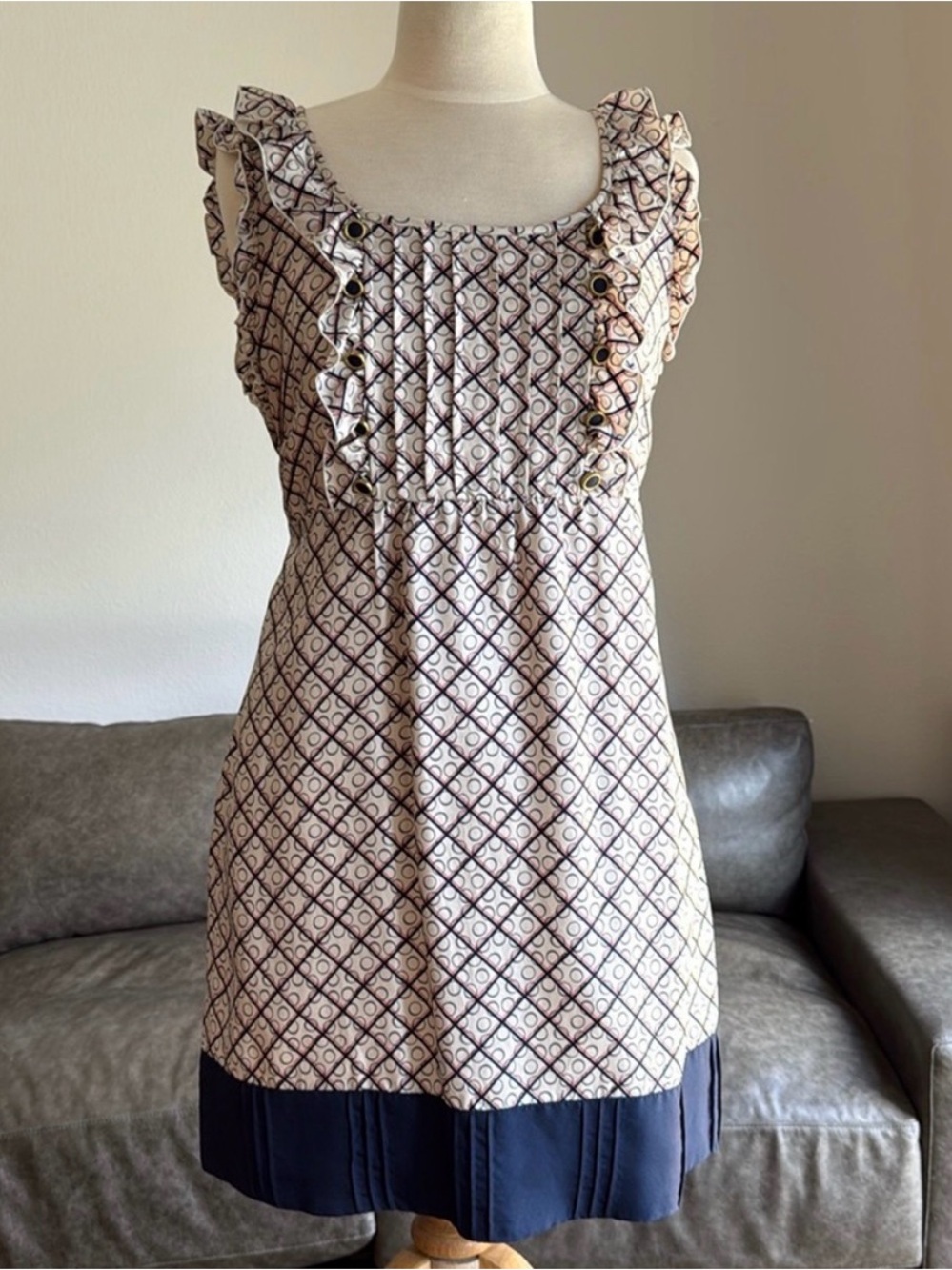Juicy Couture Beige Patterned Ruffle Sleeveless Dress with Navy Hem